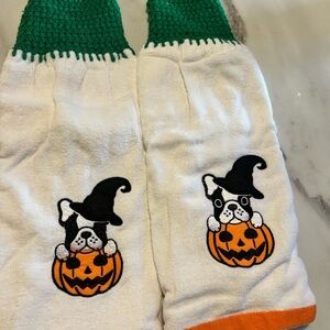 Set of 2 Dog in Pumpkin crochet top hanging kitchen towels
